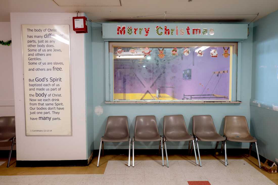 Christmas decorations adorn the walls at the Union Rescue Mission in Los Angeles. December 15, 2025. Zaydee Sanchez/NPR