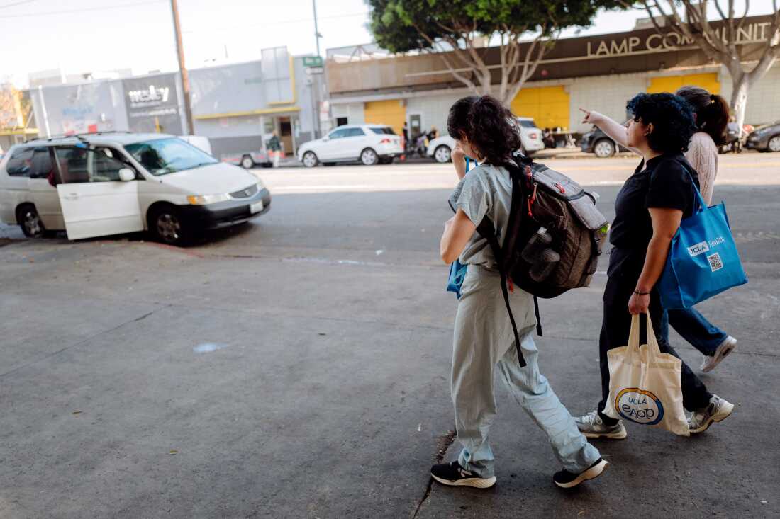 Dr. Mary Marfisee and UCLA medical students walk the streets of Skid Row in downtown Los Angeles, offering medical care to women in need. December 15, 2025.