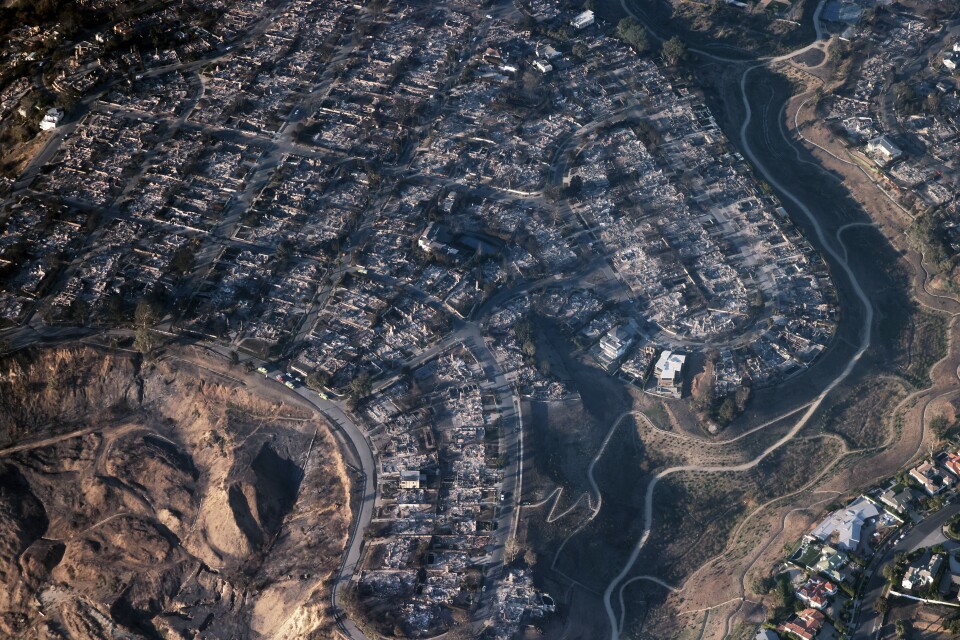 An aerial view of a hillside neighborhood picturing the burned remains of hundreds of homes
