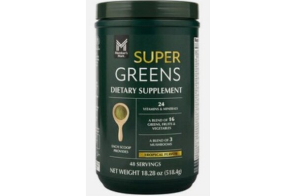 This image provided by the U.S. Food and Drug Administration on Friday, Oct. 31, 2025, shows packaging for the Member's Mark Super Greens Powder Supplement sold at Sam's Club stores. (FDA via AP)