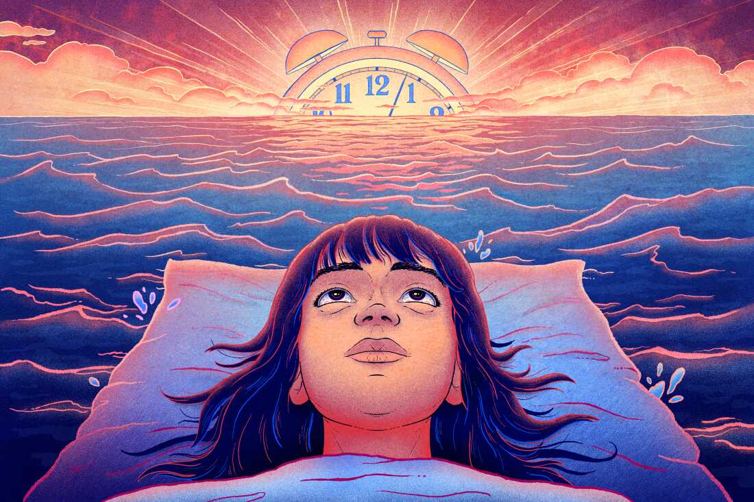 An illustration shows a person in the foreground, lying on a pillow with their eyes open, staring up at the sky. They have small red veins in their eyes, and they appear mildly distressed. They float on an open ocean, water splashing up around them as they drift toward the horizon, where a large alarm clock rises as if it were the morning sun. The person in the image is depicted in cool blue and purple color tones, with the alarm clock sunrise shown in pinks and golds, giving the image a dreamy look.
