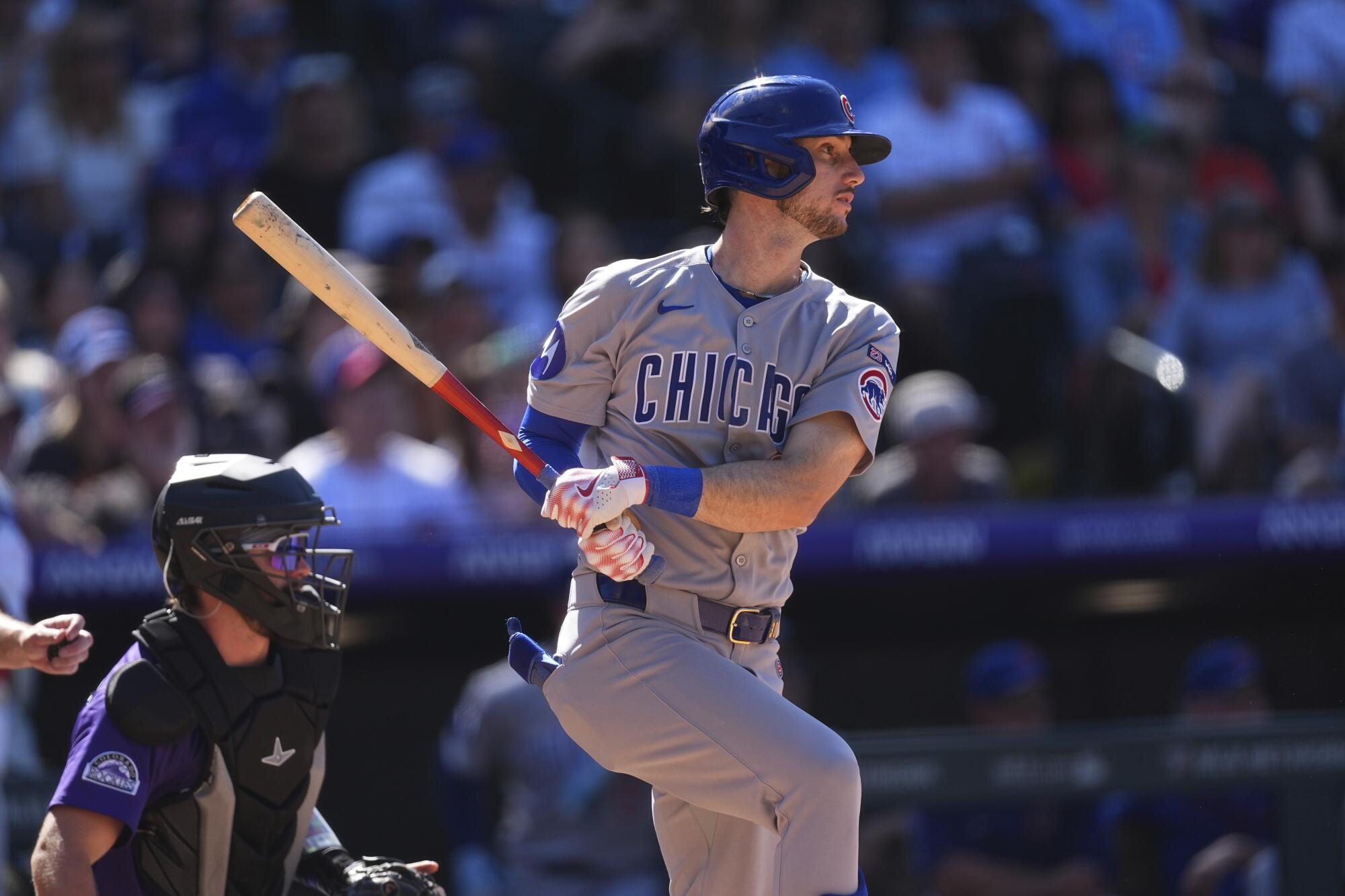 Chicago Cubs right fielder Kyle Tucker bats against the Colorado Rockies on Aug. 31.