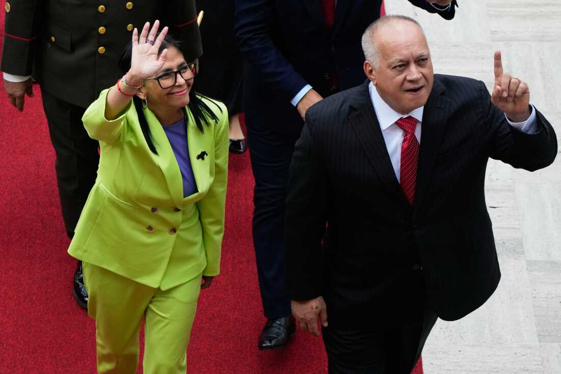 Venezuela's acting President Delcy Rodriguez, and Interior Minister Diosdado Cabello arrive at the National Assembly in Caracas, Venezuela, Thursday, Jan. 15, 2026.