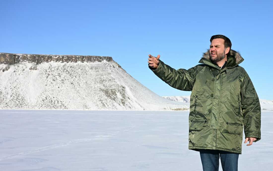 U.S. Vice President JD Vance visits the U.S. military's Pituffik Base on March 28, 2025 in Greenland. President Trump says the U.S. needs control of Greenland, despite strong opposition from Denmark, which has sovereignty over the territory. The U.S. has had a military presence on Greenland since 1951, under a treaty with Denmark.