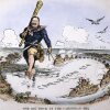 In this political cartoon, a giant President Theodore Roosevelt is walking in the Caribbean Sea and carrying a big club over his shoulder. One hand is holding onto a string that's connected to a chain of ships that are floating in the Caribbean.