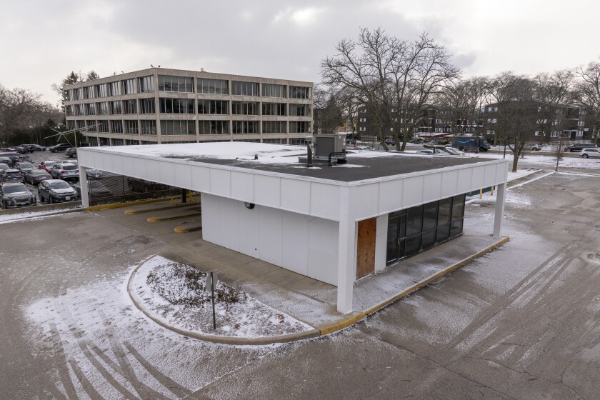 The vacant Skokie bank building’s drive-thru facility.