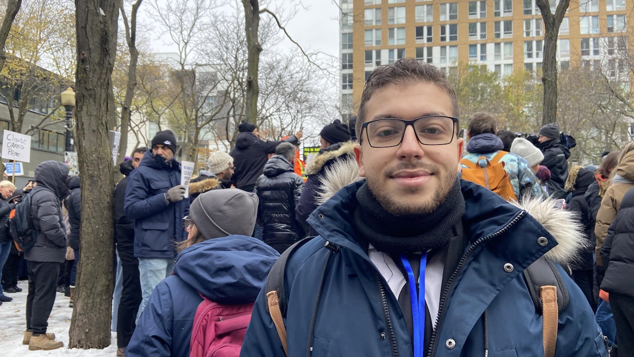The future of Nadir Belaid, who moved to Quebec from Algeria in 2019, is up in the air after the PEQ was abolished. Belaid, seen here at a protest in downtown Montreal on Nov. 17, 2025, is a spokesperson for the group Le Quebec c'est nous aussi, whic