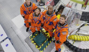 The Artemis II crew Jeremy Hansen, Christina Koch, Victor Glover and Reid Wiseman during training at Kennedy Space Center, Florida, 31 July 2025. Credit: NASA