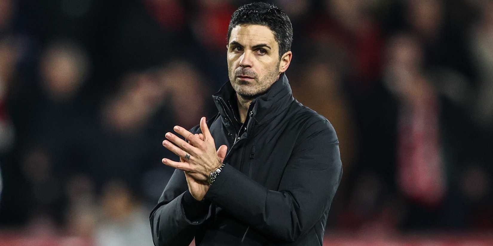 Mikel Arteta manager of Arsenal applauds the fans