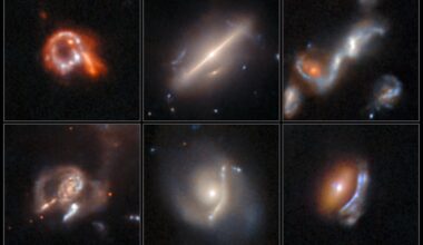 Six Hubble images of distorted galaxies are organized in a two-row mosaic. From left to right, the top row of galaxies appears as follows: The left panel has a galaxy that resembles the number nine tilted on its side to the left and has red-orange regions scattered with blue knots. The center square shows an edge-on spiral galaxy appearing like a white thin bar extending from 8 ou2019clock to 2 ou2019clock. It has a bright, compact core and a small background spiral galaxy just below the core. The right panel shows two merging galaxies forming a convoluted shape that extends from 8 ou2019clock to 2 ou2019clock. The bottom row of galaxies appears as follows: Left square contains a face-on spiral with faint, broad arcs of material to its left and right. The center panel has a hazy white, face-on spiral with a lumpy vertical line to its right that appears to curve around its core. The right panel shows an orange elliptical galaxy with a lumpy blueish galaxy curving around it to the right.