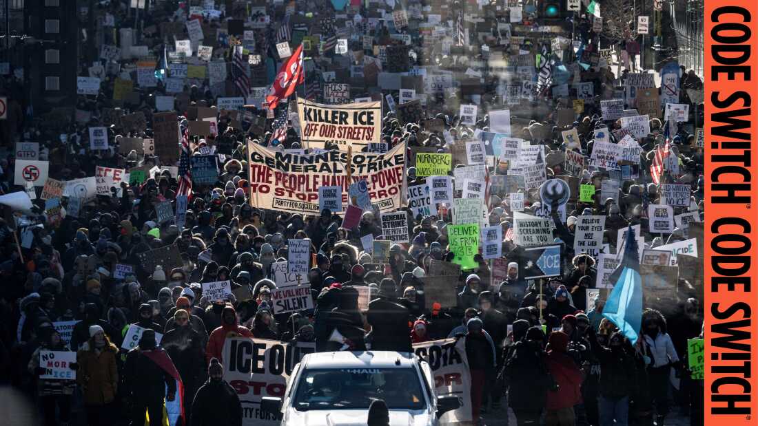Protesters against Immigration and Customs Enforcement (ICE) march through the streets of downtown Minneapolis, Minnesota, on January 25, 2026.