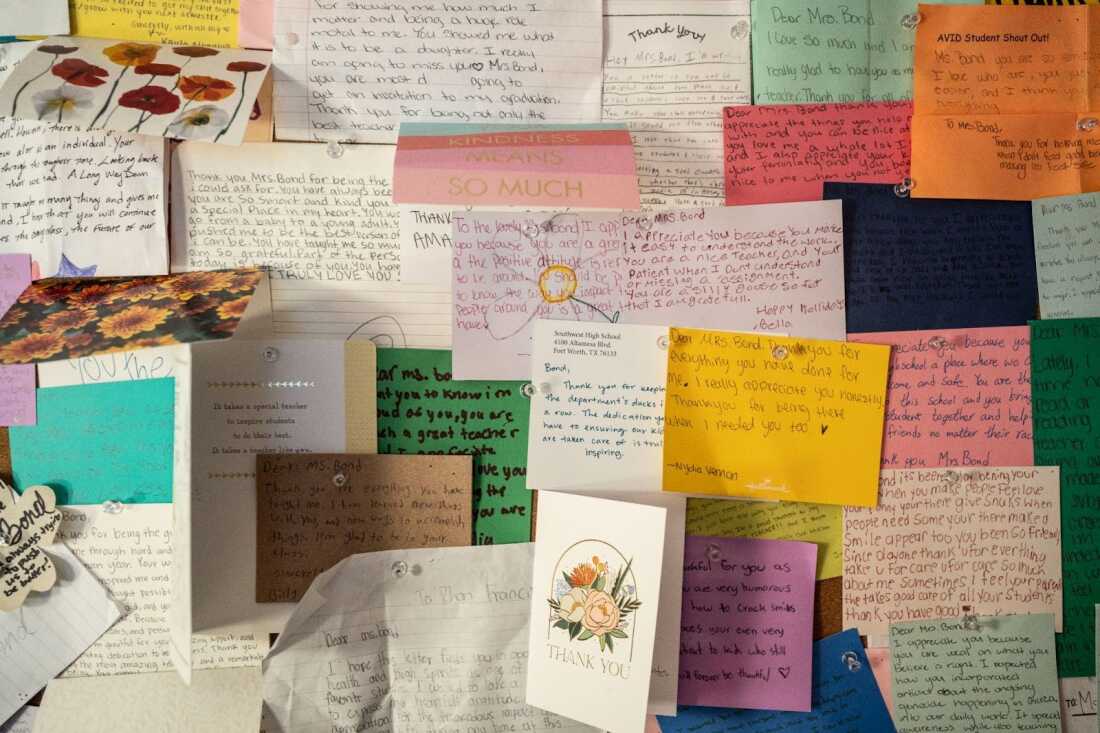 Bond’s classroom includes a display of handwritten thank you notes from students.