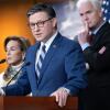 Speaker of the House Mike Johnson, R-La., speaks alongside Republican Conference Chair Representative Lisa McClain, R-Mich., and House Majority Whip Tom Emmer, R-Minn., during a press conference on Capitol Hill in Washington, D.C., on January 21, 2026.