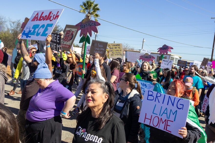 Protests outside the Dilley ICE detention facility on Jan. 28, 2026.
