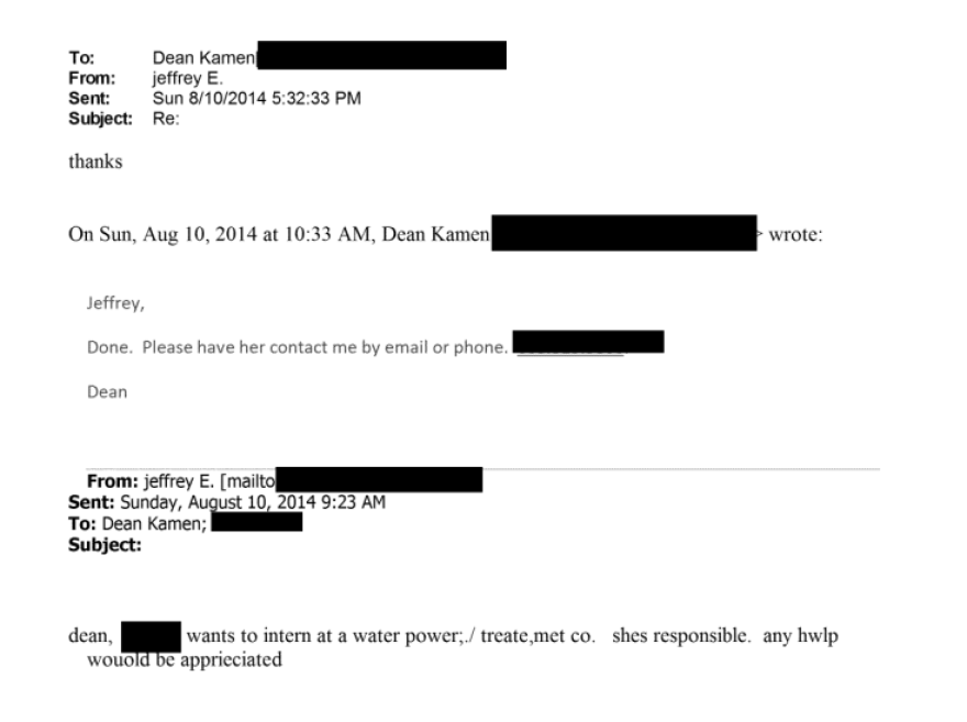 Screenshot of an email exchange between Jeffrey Epstein and Dean Kamen from Aug. 2014, released by the United States Department of Justice.