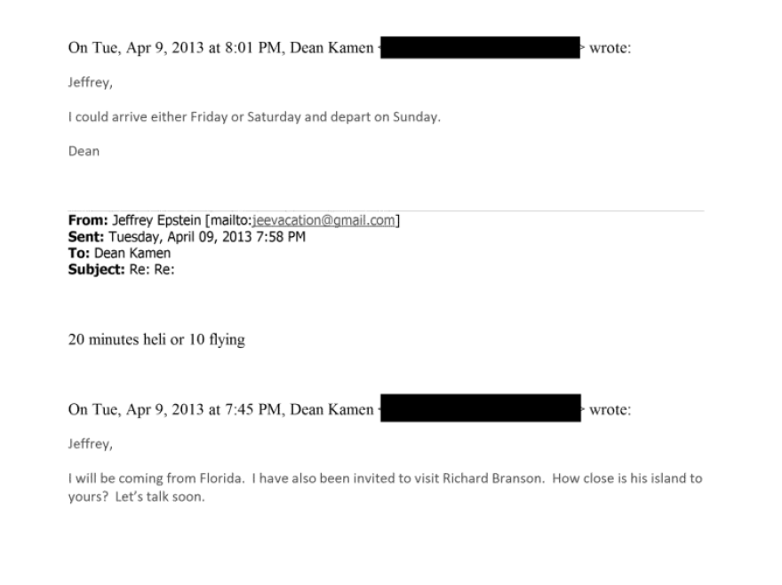 Screenshot of an email exchange between Jeffrey Epstein and Dean Kamen in April 2013, released by the United States Department of Justice.