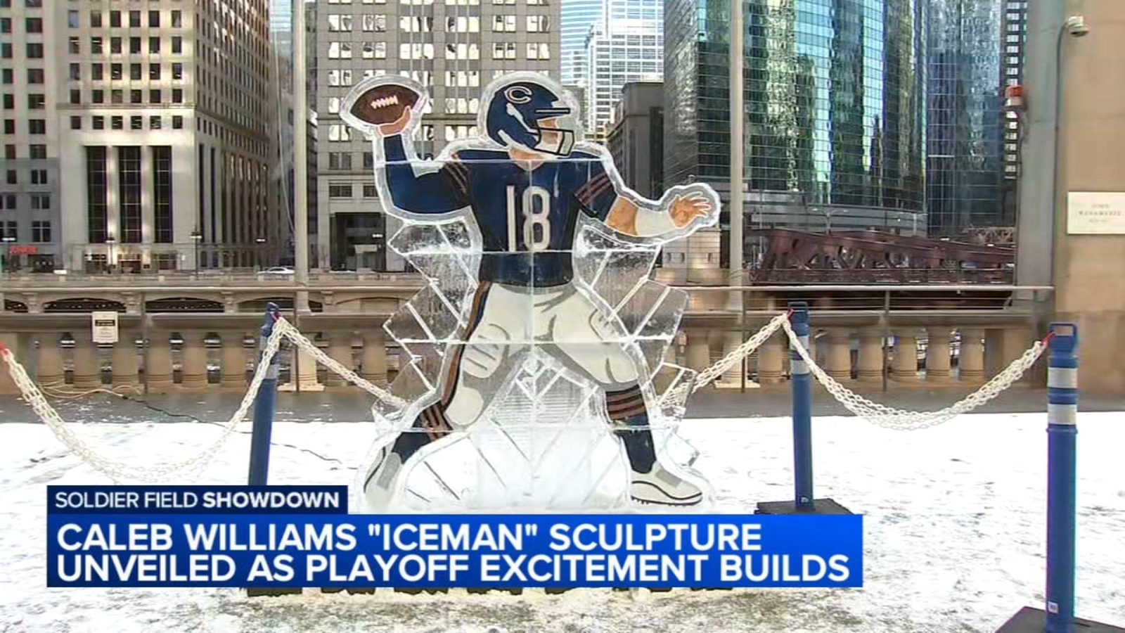 Chicago Bears install Caleb Williams 'Iceman' sculpture at Merchandise Mart ahead of NFL playoff game against LA Rams