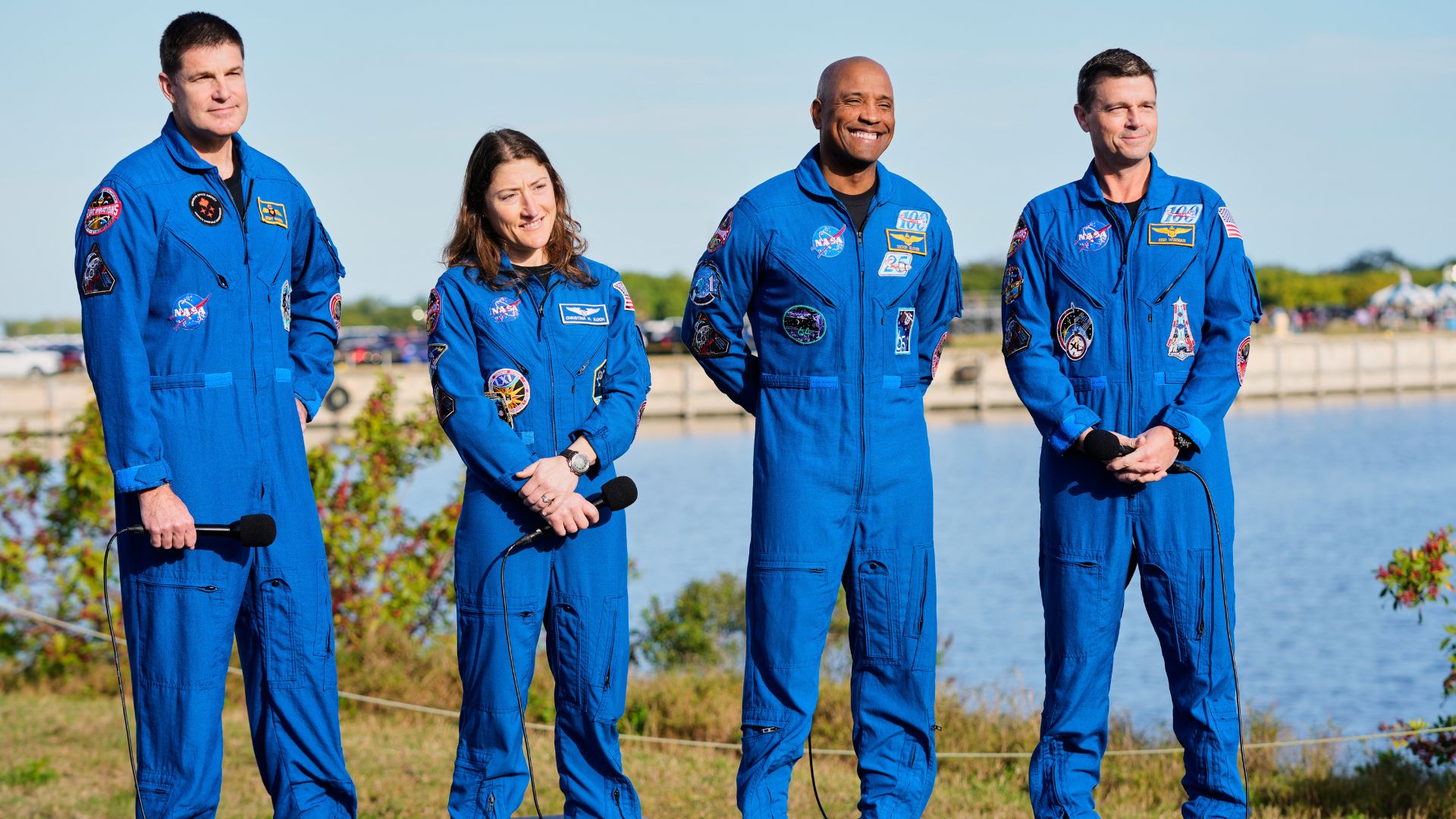 The crew of the new NASA moon rocket, Artemis II, take part in a news conference, Saturday, Jan. 17, 2026, in Cape Canaveral, Fla.