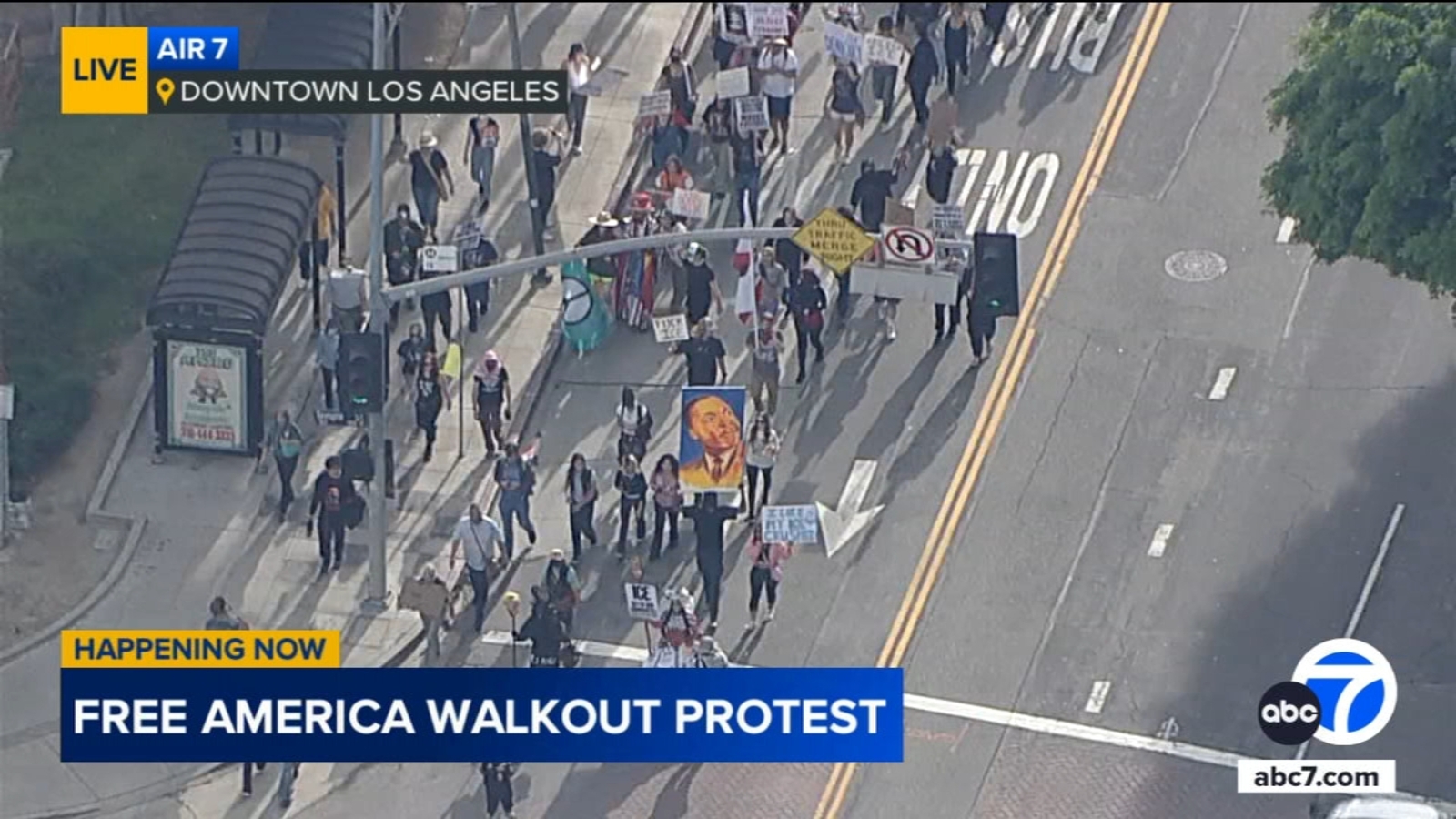 Hundreds of protesters gather in DTLA for nationwide 'Free America Walkout' marking start of Trump's 2nd term