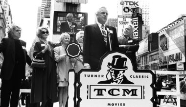 From left: Arlene Dahl, Arthur Hiller, Celeste Holm, Jane Powell, Robert Osborne and Van Johnson helped launch TCM in Times Square on April 14, 1994.