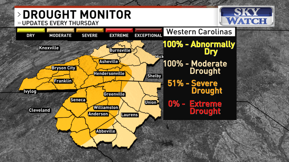 Drought conditions increase across western North Carolina and the Upstate, according to the latest U.S. Drought Monitor. (WLOS)