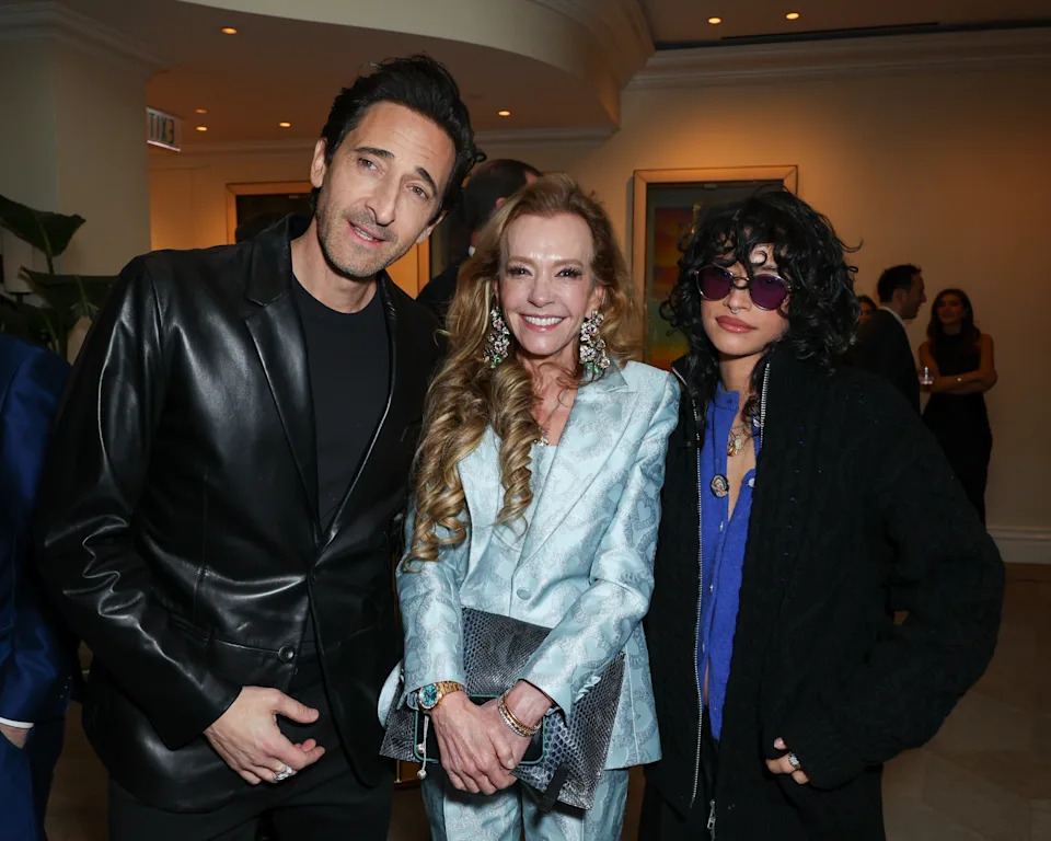Adrien Brody, Caroline Scheufele and Odessa A'zion at the Variety & Golden Globes Pre-Golden Globes Party, Presented by Morgan Stanley at The Polo Lounge at The Beverly Hills Hotel on January 09, 2026 in Beverly Hills, California. (Photo by JC Olivera/Variety via Getty Images)