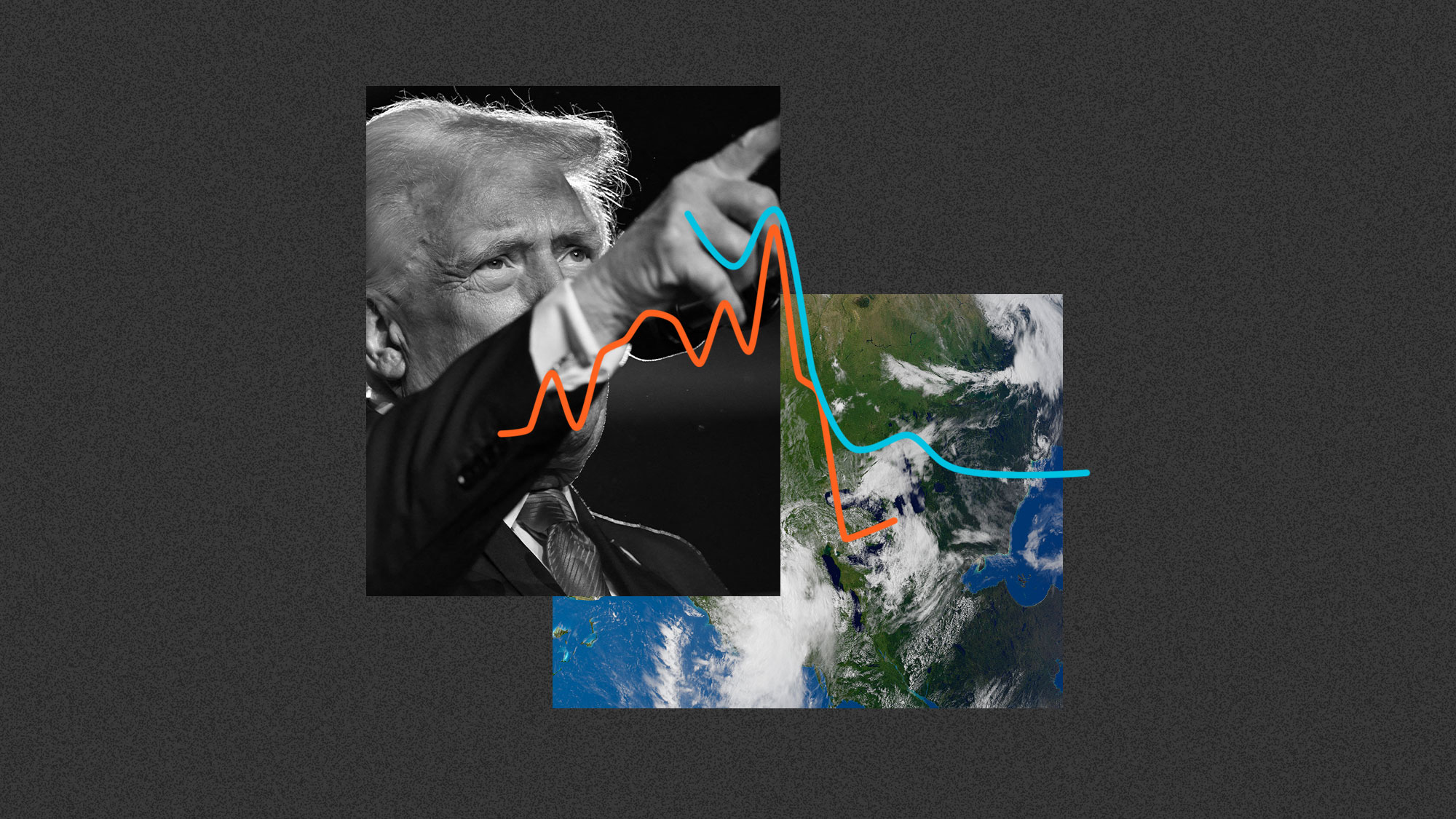 photo of Donald Trump pointing, a photo of a satellite view of Earth, and graphics of charts on top