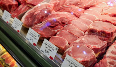 Prices are seen on a selection of red meat in Manhattan, New York City