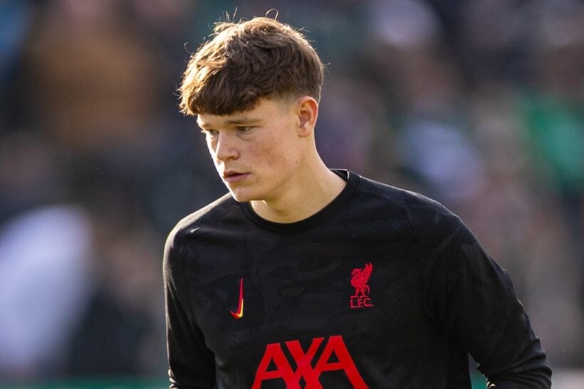 PLYMOUTH, ENGLAND - Sunday, February 9, 2025: Liverpool's James McConnell during the pre-match warm-up before the FA Cup 4th Round match between Plymouth Argyle FC and Liverpool FC at Home Park. Plymouth won 1-0. (Photo by David Rawcliffe/Propaganda)