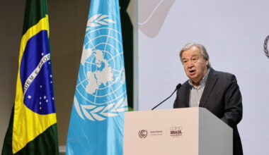 United Nations Secretary-General Antonio Guterres attends a press conference, during COP30 in Belem