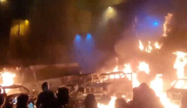 Protesters gather as vehicles burn, amid evolving anti-government unrest, in Tehran, Iran, in this screen grab obtained from a social media video released on January 9, 2026. Social Media/via Reuters