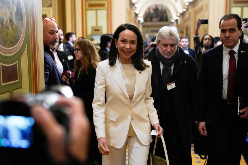 Venezuelan opposition leader Maria Corina Machado arrives at the US Capitol to meet senators after her meeting with President Donald Trump at the White House on January 15, 2026. REUTERS/Elizabeth Frantz