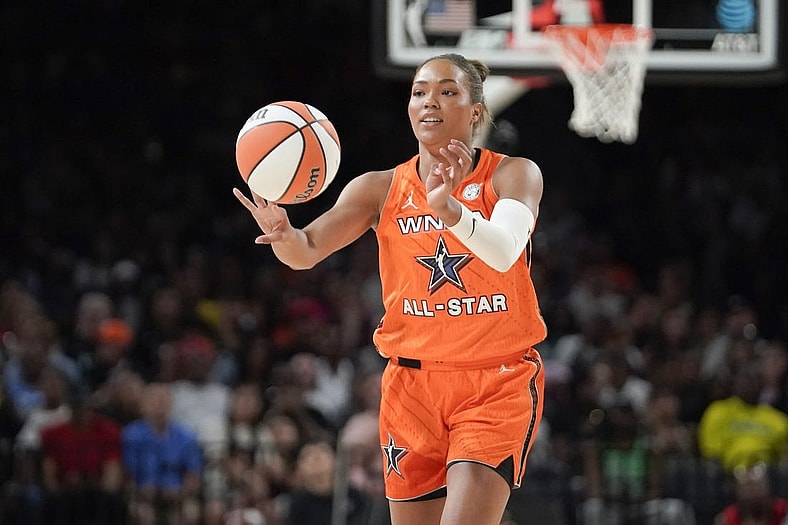 Jul 15, 2023; Las Vegas, NV, USA; Team Stewart frontcourt Napheesa Collier (24) passes the ball against Team Wilson during the first half in the 2023 WNBA All-Star Game at Michelob Ultra Arena. Mandatory Credit: Lucas Peltier-USA TODAY Sports