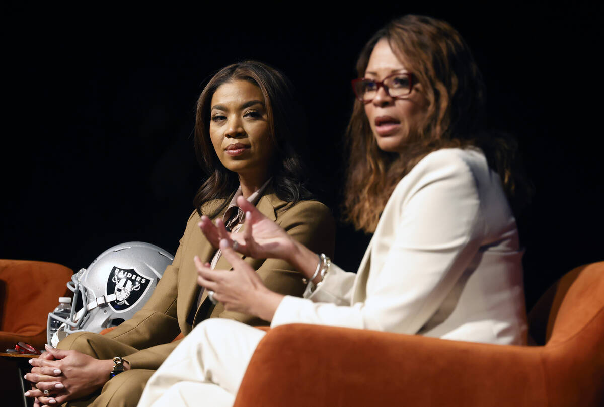 Aces president Nikki Fargas, right, speaks in a panel discussion at Preview Las Vegas at the Wy ...