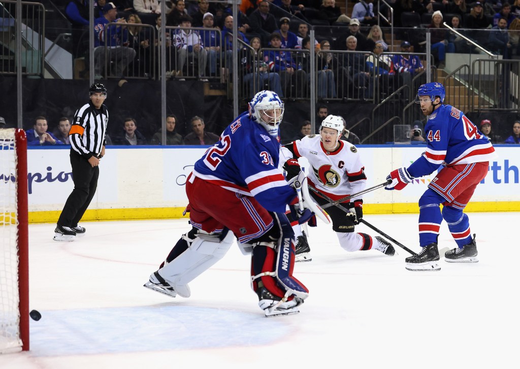 Brady Tkachuk #7 of the Ottawa Senators scores a first period goal against Jonathan Quick #32 of the New York Rangers at Madison Square Garden on January 14, 2026