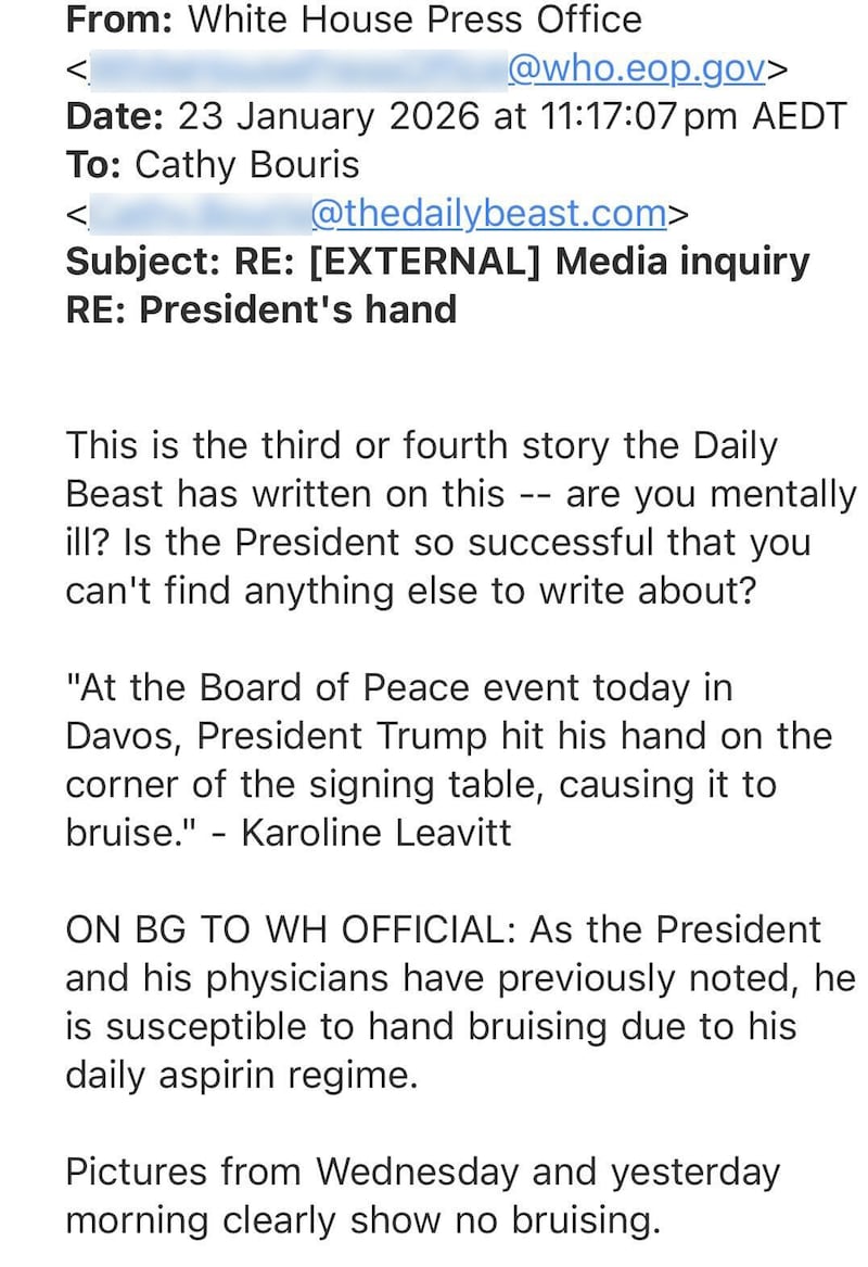 Email exchange between The Daily Beast and the White House Press Office
