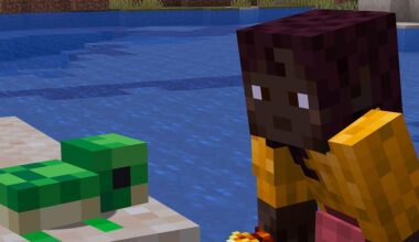 Makena and a baby turtle are looking at each other on a beach. Makena holds a Golden Dandelion in their hand.