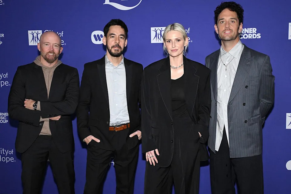 Dave Farrell, Mike Shinoda, Emily Armstrong and Colin Brittain in October 2025 in West Hollywood, Calif. Robyn Beck / AFP) (Photo by ROBYN BECK/AFP via Getty