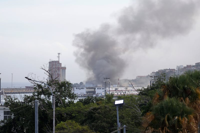 Smoke rising from a building on the horizon with trees in the foreground