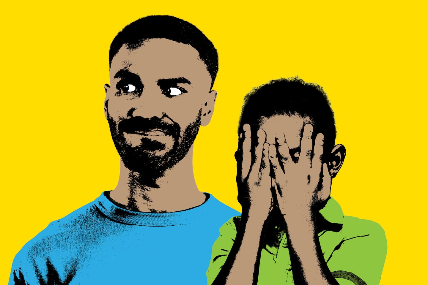 Photo illustration of a father on the left and a young boy on the right. The boy is holding both hands over his face and covering his eyes.