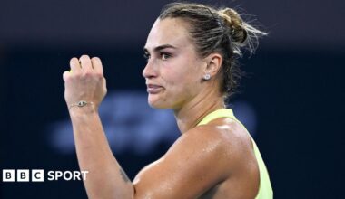 Aryna Sabalenka celebrates after beating Madison Keys