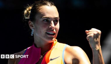 Aryna Sabalenka celebrates victory over Iva Jovic