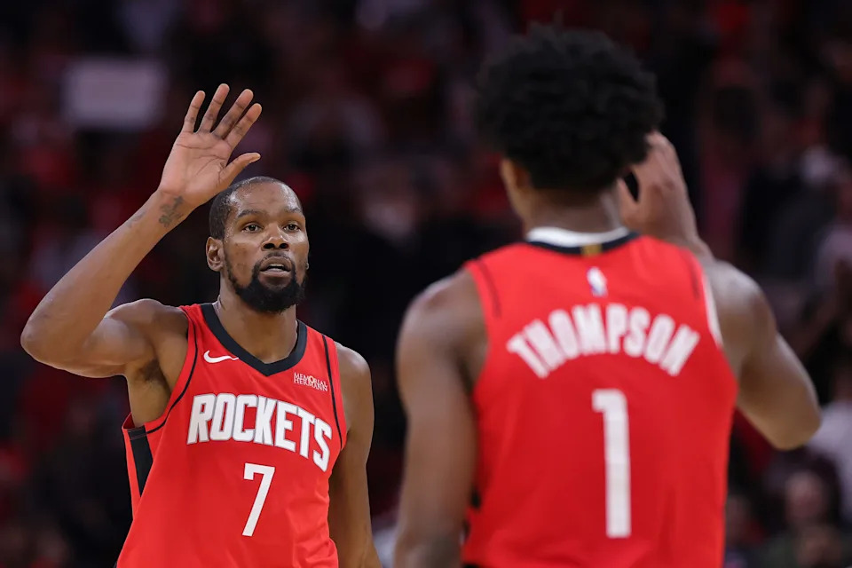 HOUSTON, TEXAS - NOVEMBER 03: Kevin Durant #7 of the Houston Rockets celebrates with Amen Thompson #1 of the Houston Rockets during the second half against the Dallas Mavericks at Toyota Center on November 03, 2025 in Houston, Texas. NOTE TO USER: User expressly acknowledges and agrees that, by downloading and or using this photograph, User is consenting to the terms and conditions of the Getty Images License Agreement. (Photo by Alex Slitz/Getty Images)