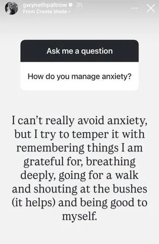 Gwyneth Paltrow/Instagram Gwyneth Paltrow answers questions about managing anxiety