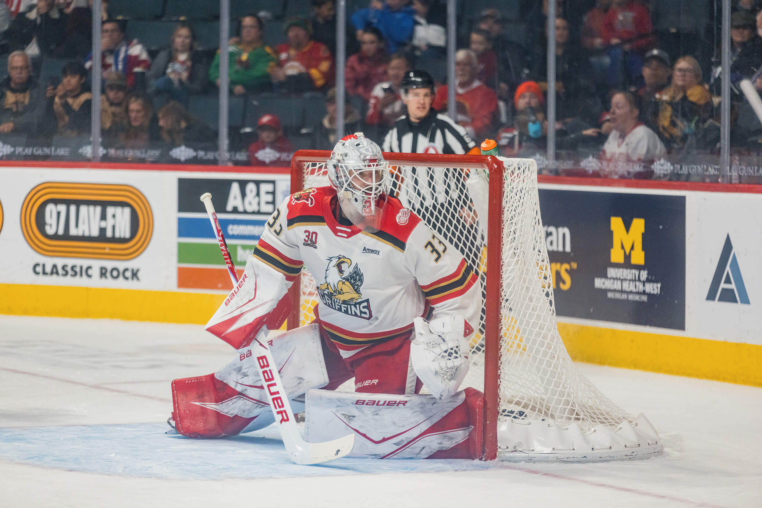 Sebastian Cossa watches play from the Griffins' net.