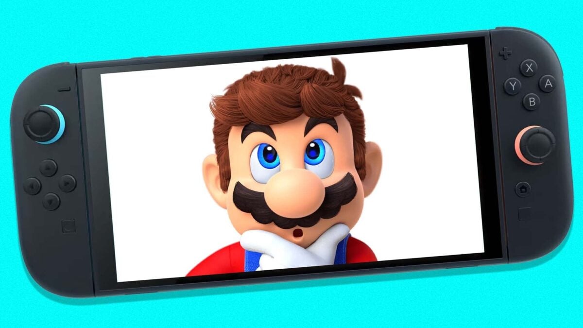 Mario scratches his chin inside a Switch 2.