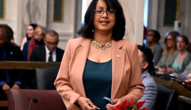 City Councilmember Nina Ahmad stands in Council's chambers during a December meeting. She introduced legislation this week to hold hearings on access to reproductive healthcare in the city, angering one of her colleagues who had already authored a similar resolution.