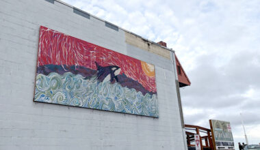 About 100 people dipped three times into the water during the 38th annual Polar Bear Dip on Thursday at Hollywood Beach in downtown Port Angeles. The air and water temperature were both in the low 40s. Each received a certificate for participating, and proceeds benefitted Volunteer Hospice of Clallam County. (Dave Logan/for Peninsula Daily News)