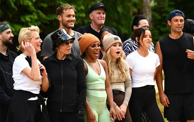 Euan Cherry/Peacock From left: Mark Ballas, Dorinda Medley, Lisa Rinna, Colton Underwood, Candiace Dillard Bassett, Michael Rapaport, Tara Lipinski, Maura Higgins, Stephen Colletti on 'The Traitors'