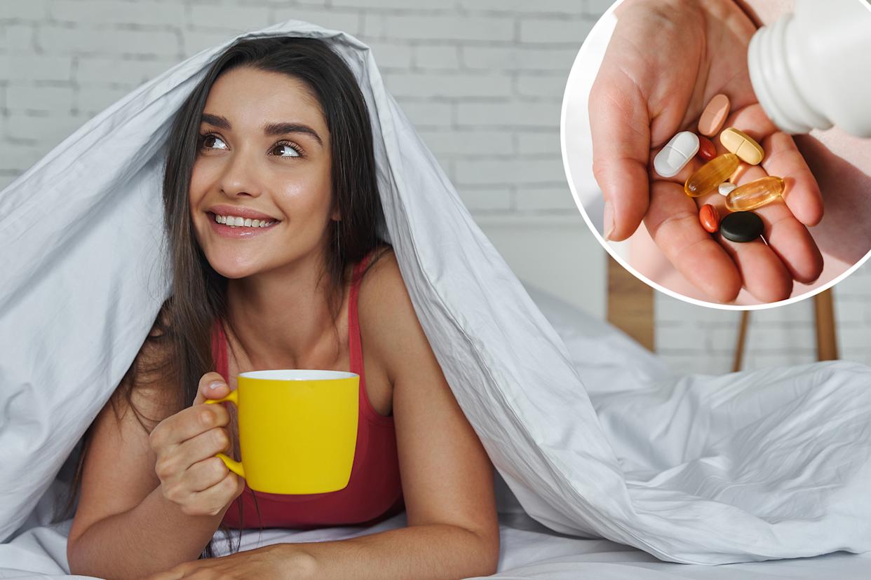 Collage of a woman under a blanket holding a coffee cup, and a hand holding various pills.